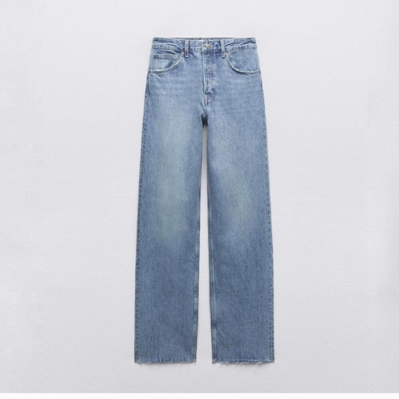 New Zara The Straight Cropped Mid Waist Antique Bleach Denim Jeans 12 US NWT - Picture 1 of 10